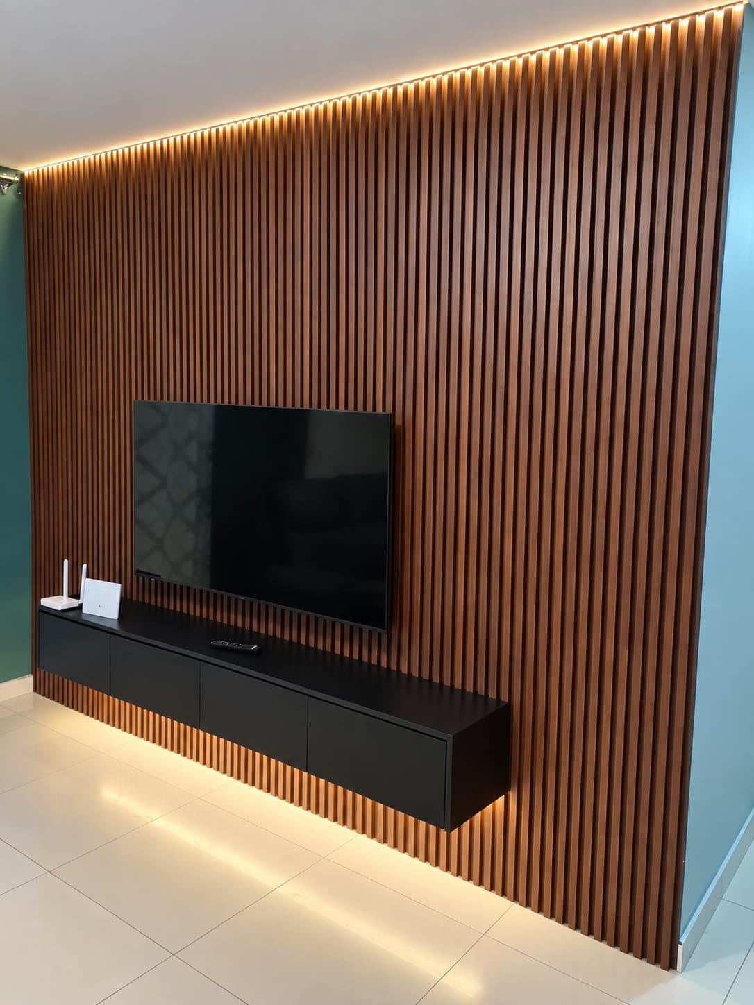 Floating TV unit and timber wall panelling